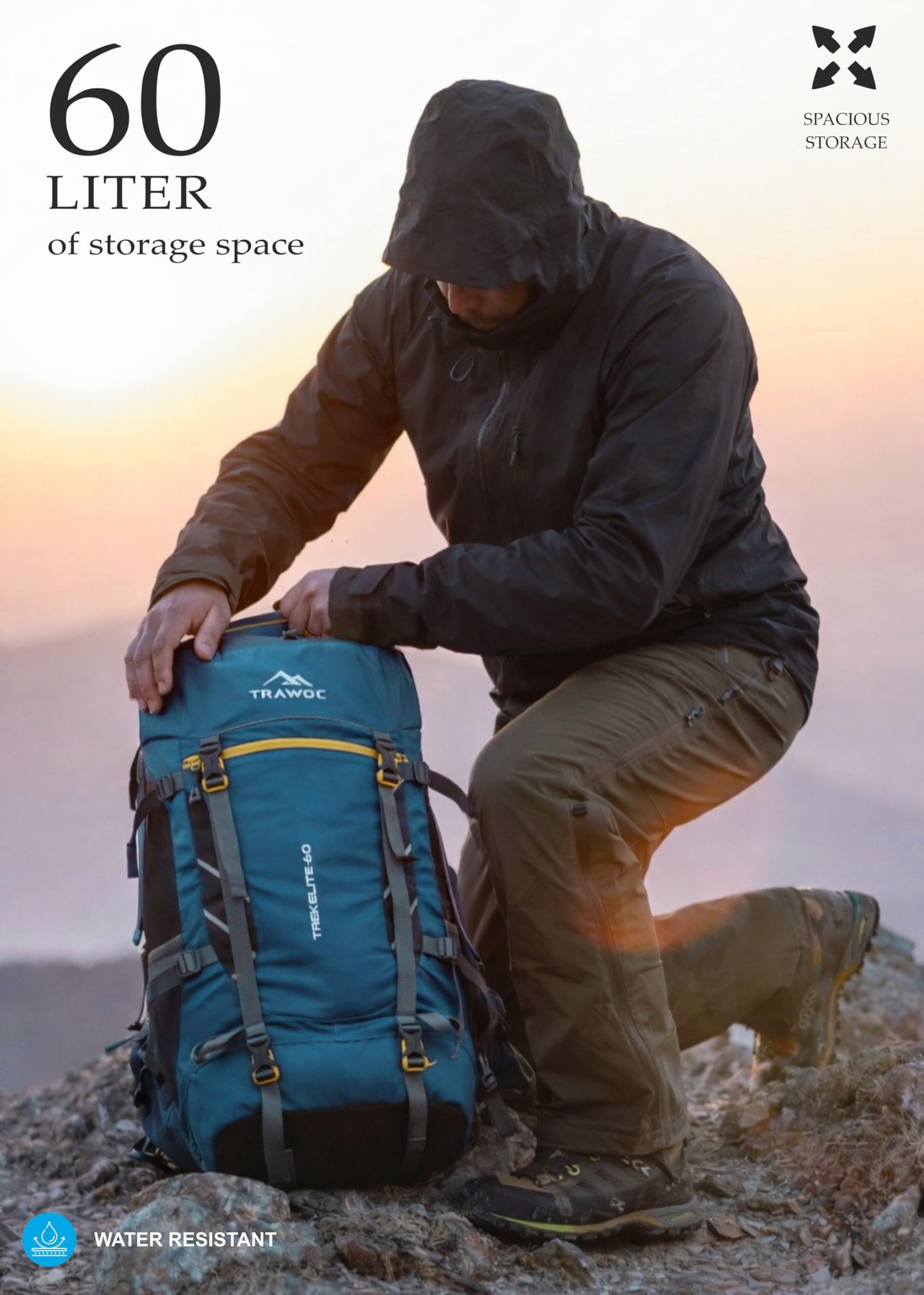 TRAWOC TREKELITE 60L Travel Backpack Hiking Trekking Bag Camping Rucksack for Men & Women with Water Proof Rain Cover/Shoe Compartment MHK004, 3 Year Warranty, English Blue