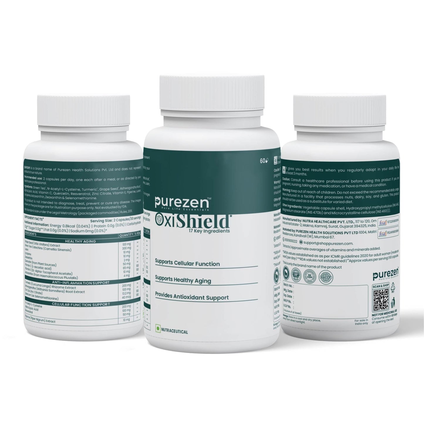Purezen OxiShield | Powerful Multi-Antioxidant Supplement with Astaxanthin, Zeaxanthin, Lycopene, Turmeric & Alpha Lipoic Acid for Cellular Health & Healthy Aging | 60 Capsules