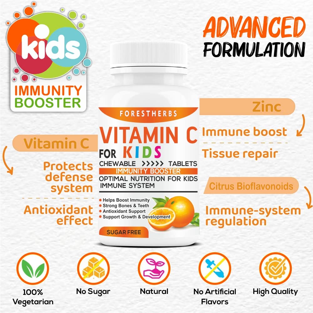 FORESTHERBS Vitamin C immunity Booster For Kids With Zinc supplements, Citrus Bioflavonoids, Superfoods, Amla, Acerola Cherry, Acai Berry, & Ginger Powder Extract - 60 No Sugar chewable Tablet pack