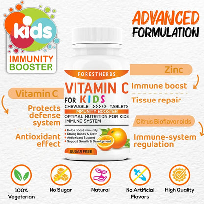 FORESTHERBS Vitamin C immunity Booster For Kids With Zinc supplements, Citrus Bioflavonoids, Superfoods, Amla, Acerola Cherry, Acai Berry, & Ginger Powder Extract - 60 No Sugar chewable Tablet pack