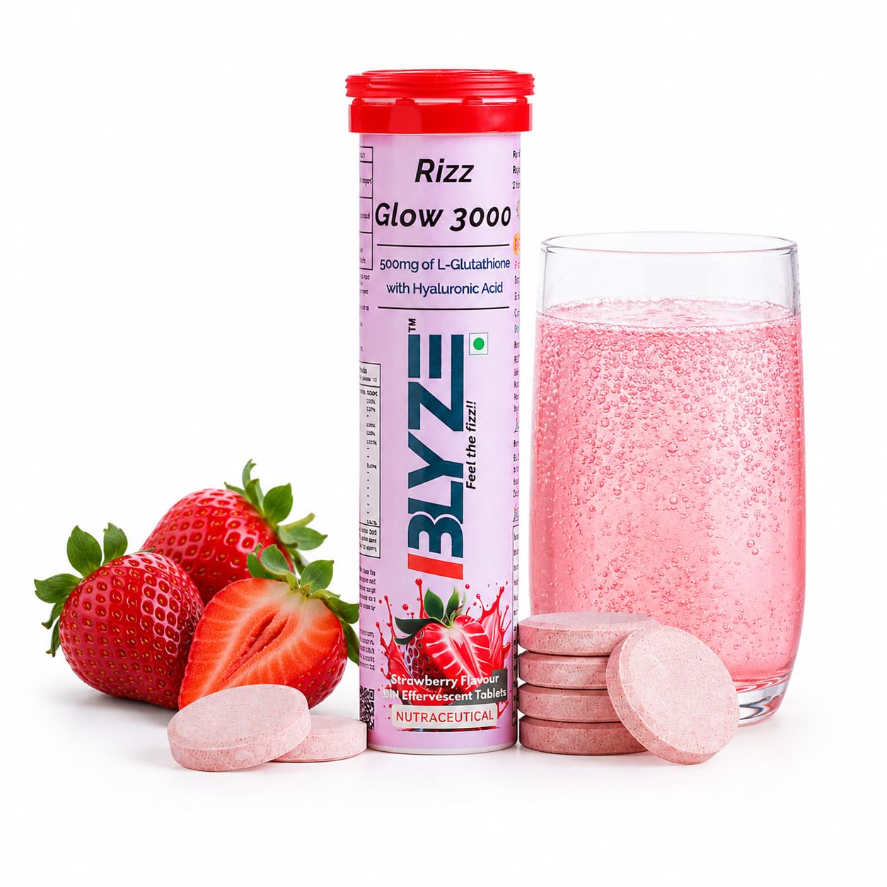 BLYZE Rizz Glow 3000 Glutathione Effervescent Tablets for Clear, Glowing and Youthful Skin – 500mg Glutathione with Hyaluronic Acid, No Sugar, No Maltodextrin – Pack of 1 (15 Tablets) Strawberry Flavor