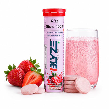 BLYZE Rizz Glow 3000 Glutathione Effervescent Tablets for Clear, Glowing and Youthful Skin – 500mg Glutathione with Hyaluronic Acid, No Sugar, No Maltodextrin – Pack of 1 (15 Tablets) Strawberry Flavor