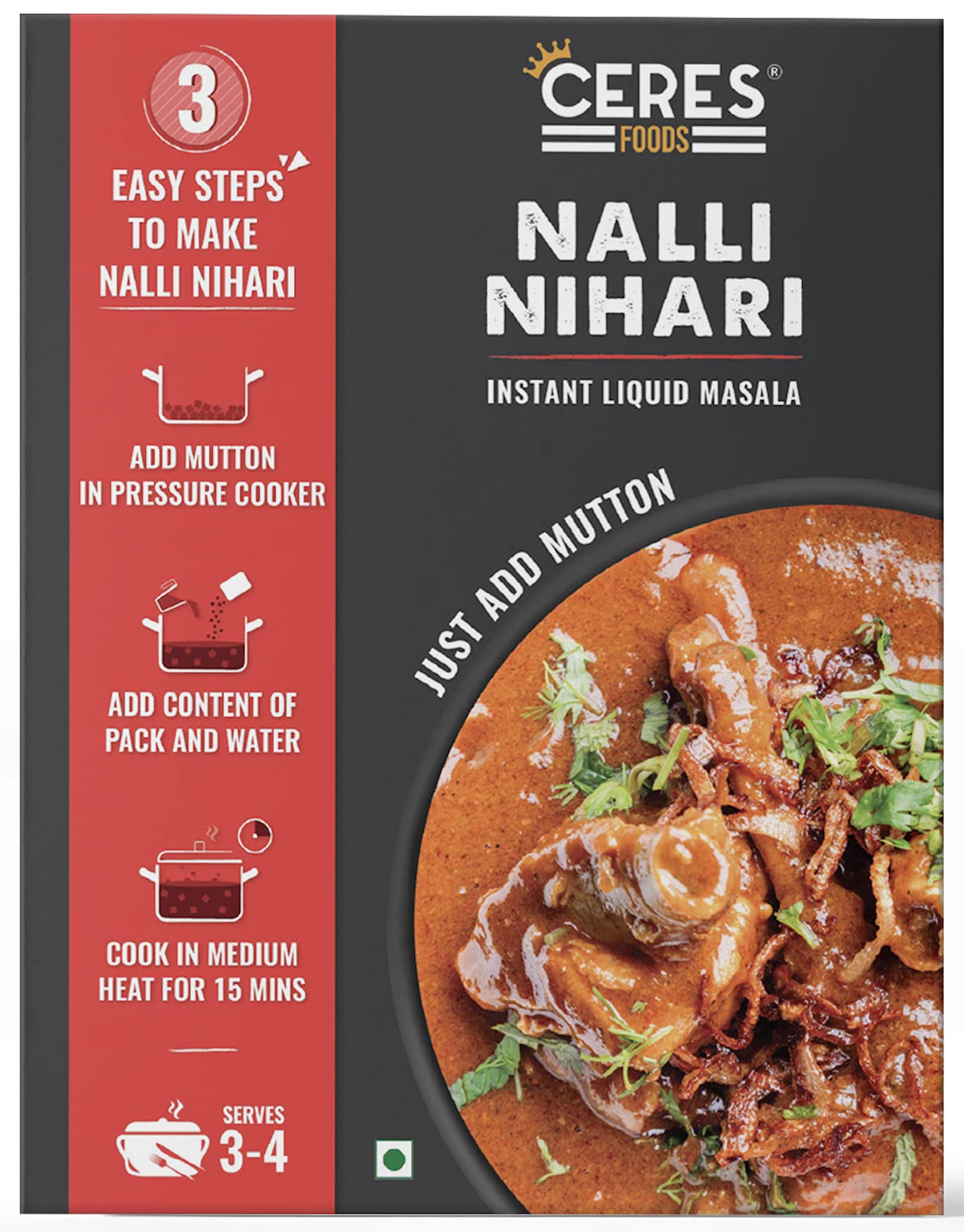 Ceres Foods Delhi Nalli Nihari Instant Liquid Masala |Mutton cooking paste| Curry Paste | Curry Mix | Shipped Fresh | Ceres Foods Nalli Nihari Ready to Cook Gravy | Masala |Mutton Masala|Meat Masala|Nihari Masala |Nihari Paste | Mughlai Masala |