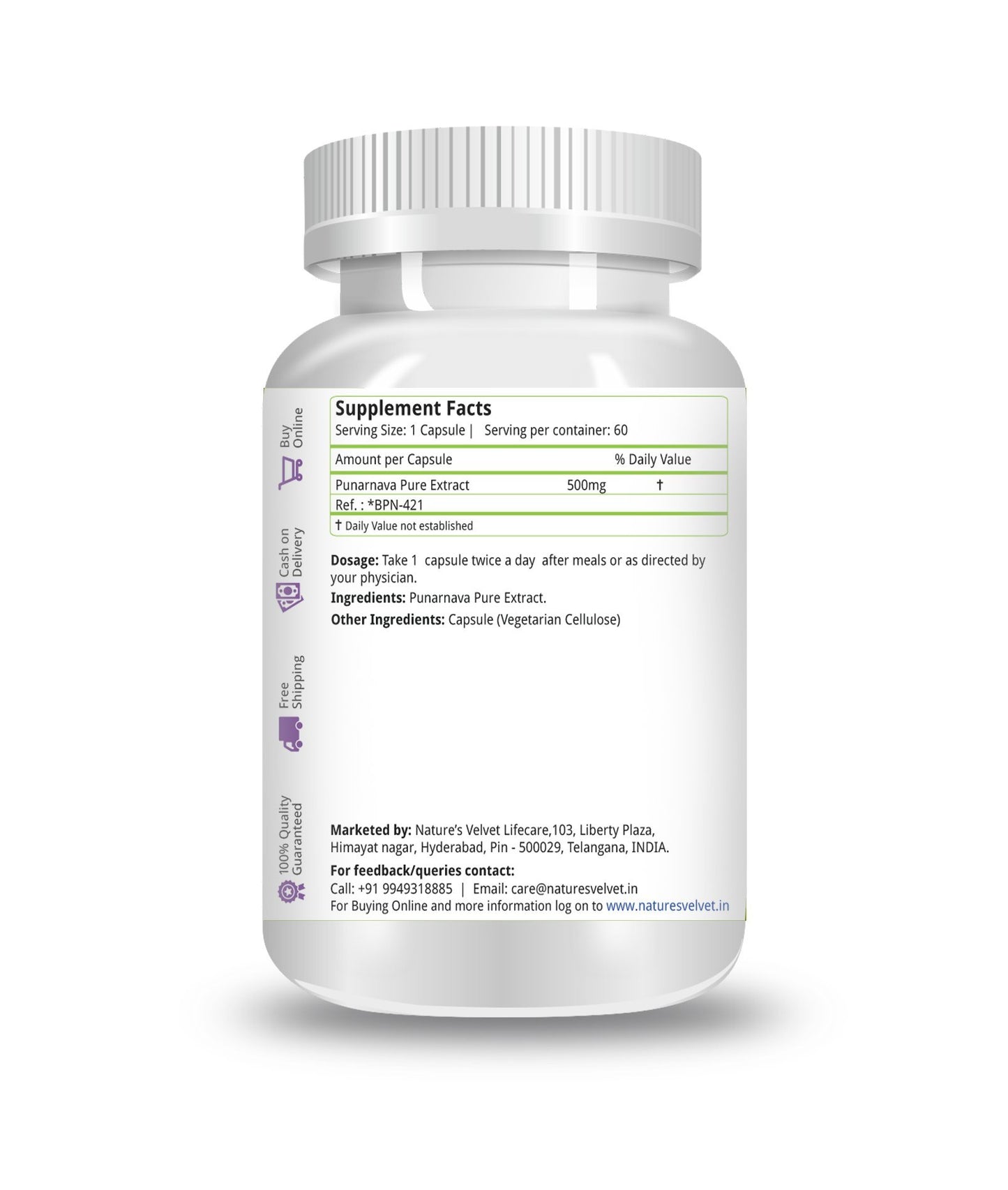 Natures Velvet Lifecare Punarnava Pure extract 500 mg 60 Capsules pack- image 3