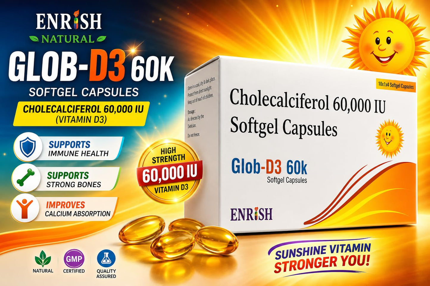 GLOB D3 60K Cholecalciferol Vitamin D3 60000 IU Softgel Capsules Once Weekly Use Pack of 5