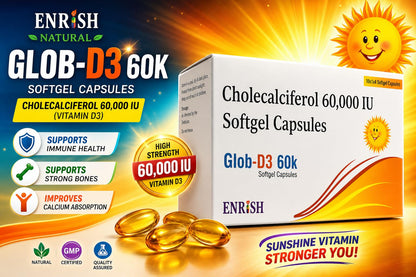 GLOB D3 60K Cholecalciferol Vitamin D3 60000 IU Softgel Capsules Once Weekly Use Pack of 5