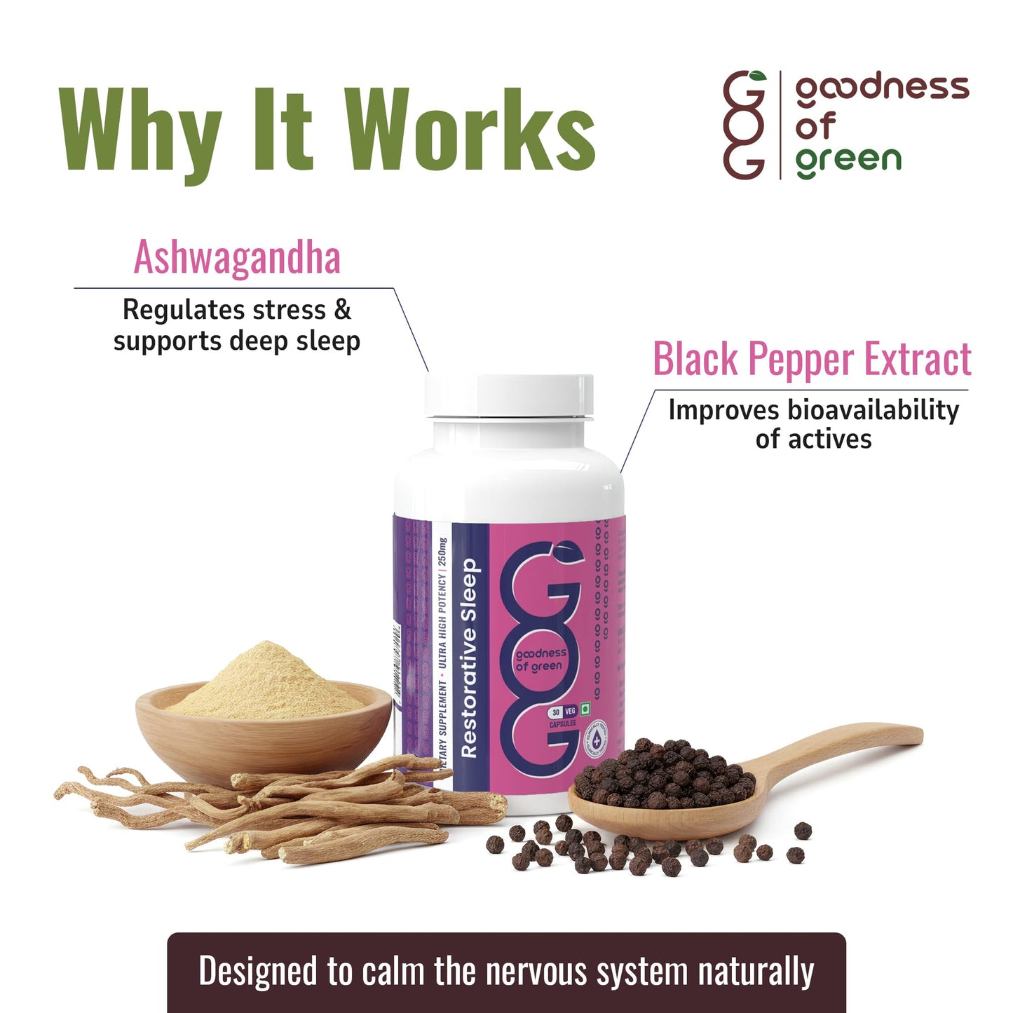 Goodness of Green Restorative Sleep Capsules, Ashwagandha & Black Pepper, Reduces Stress, Improves Sleep Quality & Rebalances Your Sleep Cycle, Plant-Based 30 Veg Capsules
