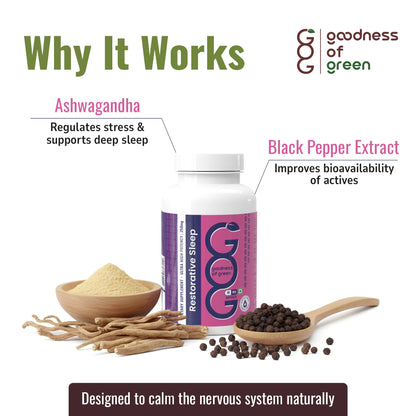 Goodness of Green Restorative Sleep Capsules, Ashwagandha & Black Pepper, Reduces Stress, Improves Sleep Quality & Rebalances Your Sleep Cycle, Plant-Based 30 Veg Capsules
