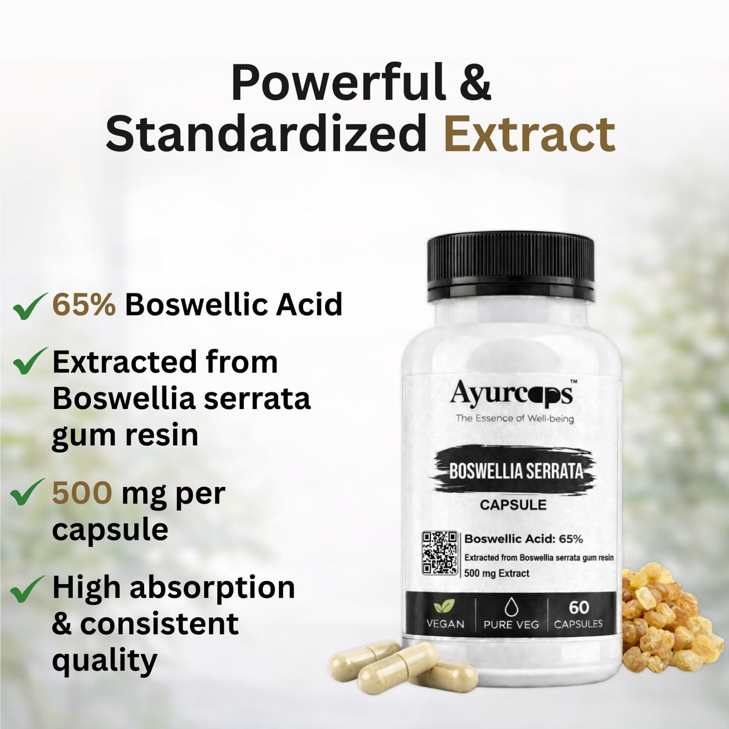 Ayurcaps Boswellia Serrata 500mg Capsules | 60 Veg Capsules | Ayurvedic Herbal Supplement For Joint Support And Flexibility | Plant Based Extract For Men And Women