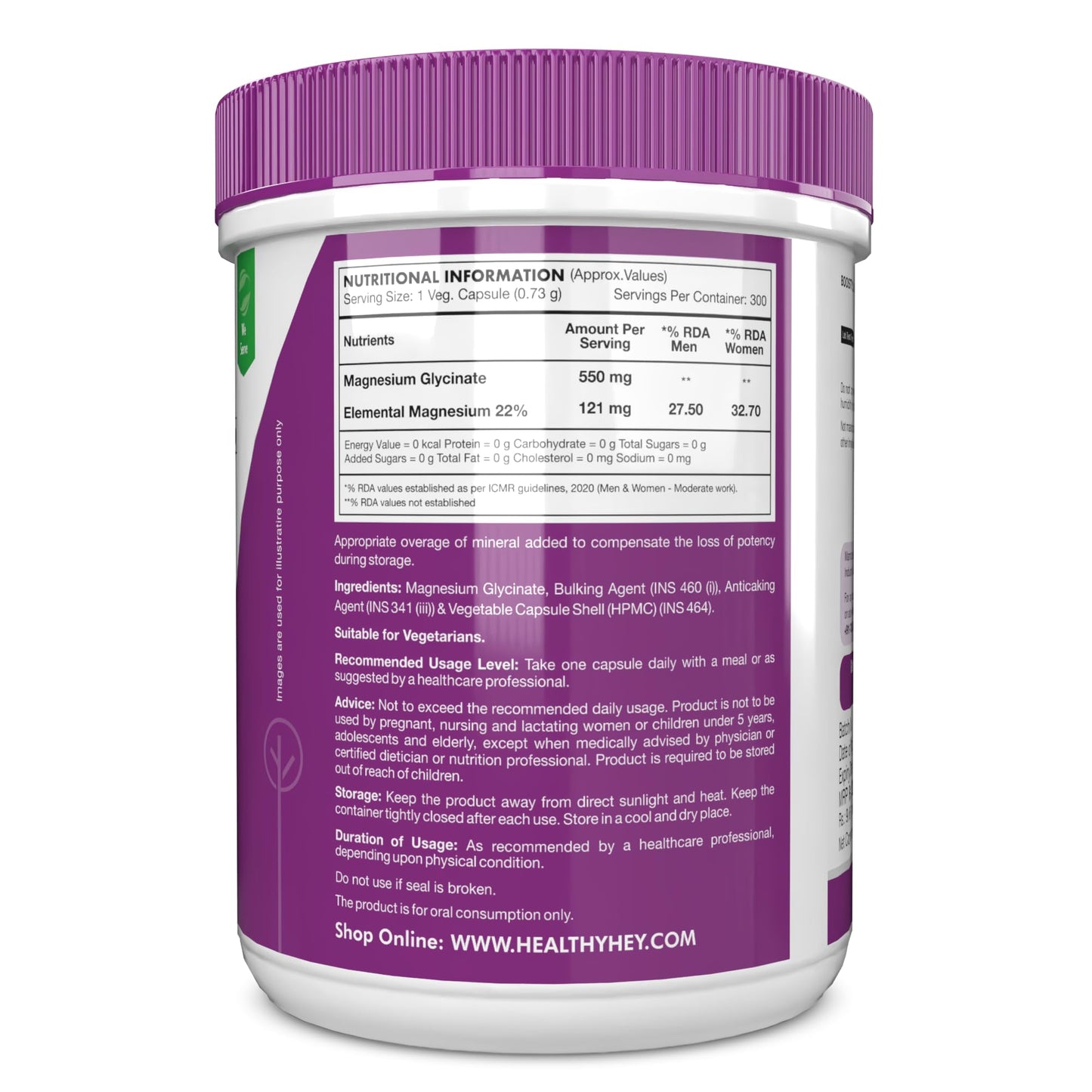 HealthyHey Nutrition High Absorption Magnesium Glycinate, 550mg - 300 Vegetable Capsules - Pack of 4