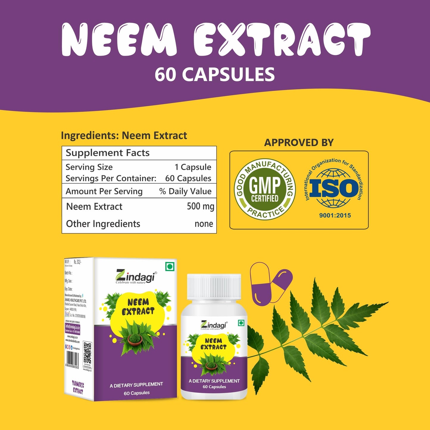 Zindagi 100% Pure Neem Extract Capsules - Dietary Supplement - Anti Bacterial Properties (60 Capsules)