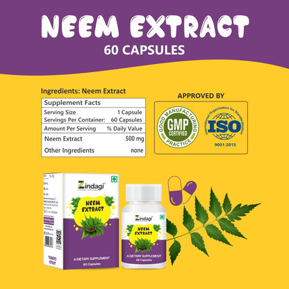 Zindagi 100% Pure Neem Extract Capsules - Dietary Supplement - Anti Bacterial Properties (60 Capsules)
