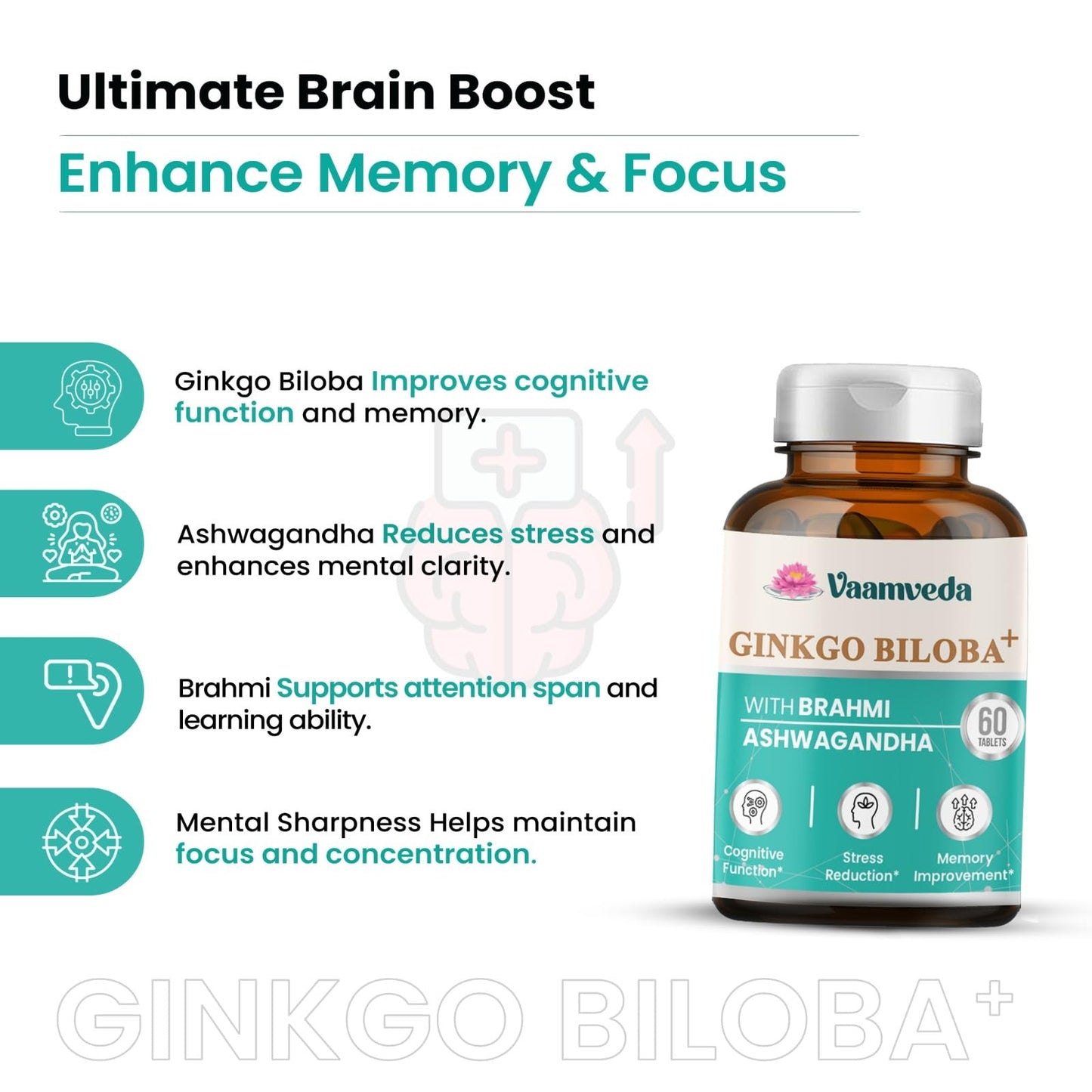 Premium Ginkgo Biloba Capsules with Brahmi & Ashwagandha – Brain, Memory & Focus Support Supplement - 60 Ayurvedic Tablets