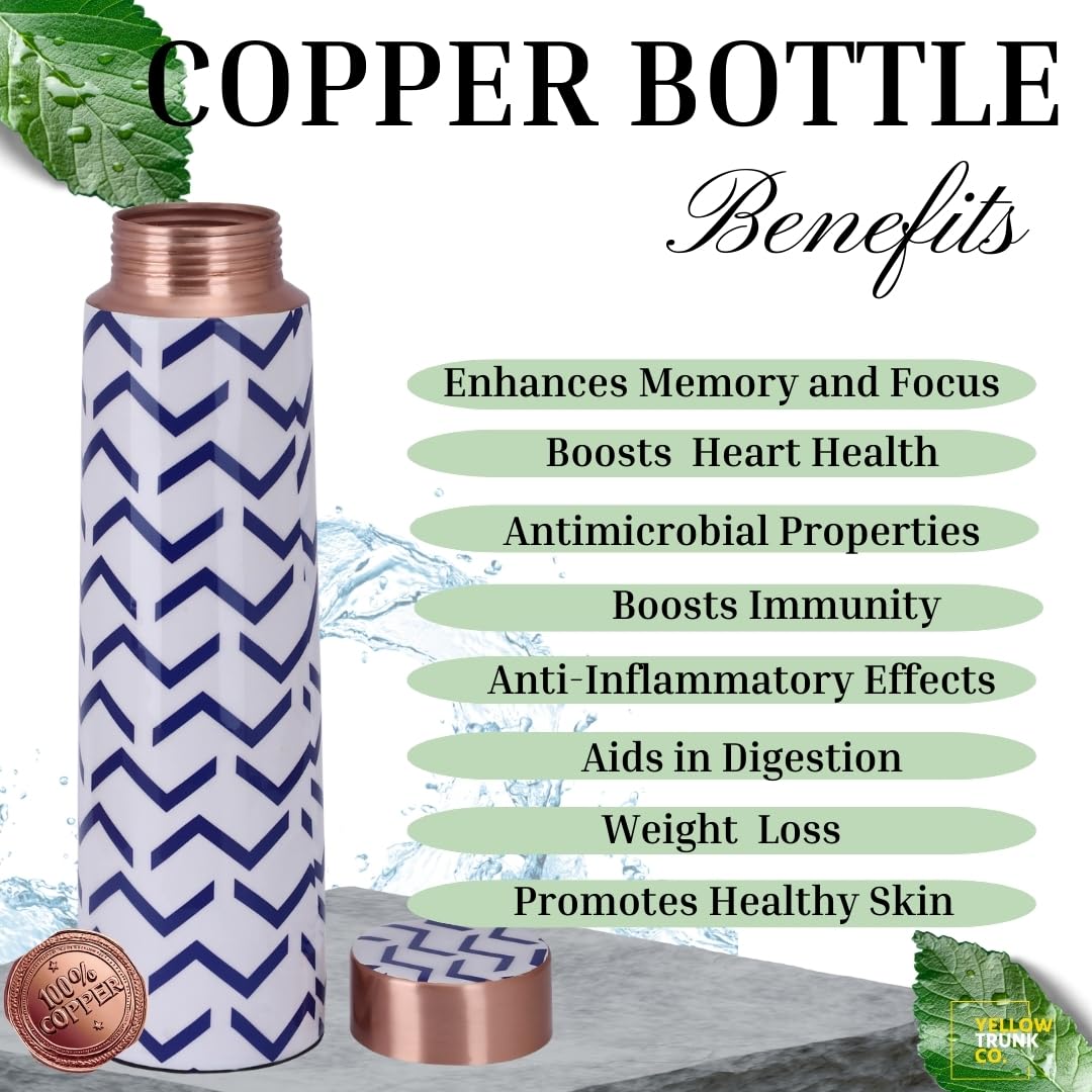 Yellow Trunk Co. Printed Copper Water Bottle - 1000ml | Blue and White Chevron | Modern Design | Leak Proof Design| Health Benefits