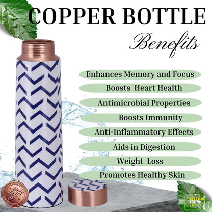 Yellow Trunk Co. Printed Copper Water Bottle - 1000ml | Blue and White Chevron | Modern Design | Leak Proof Design| Health Benefits