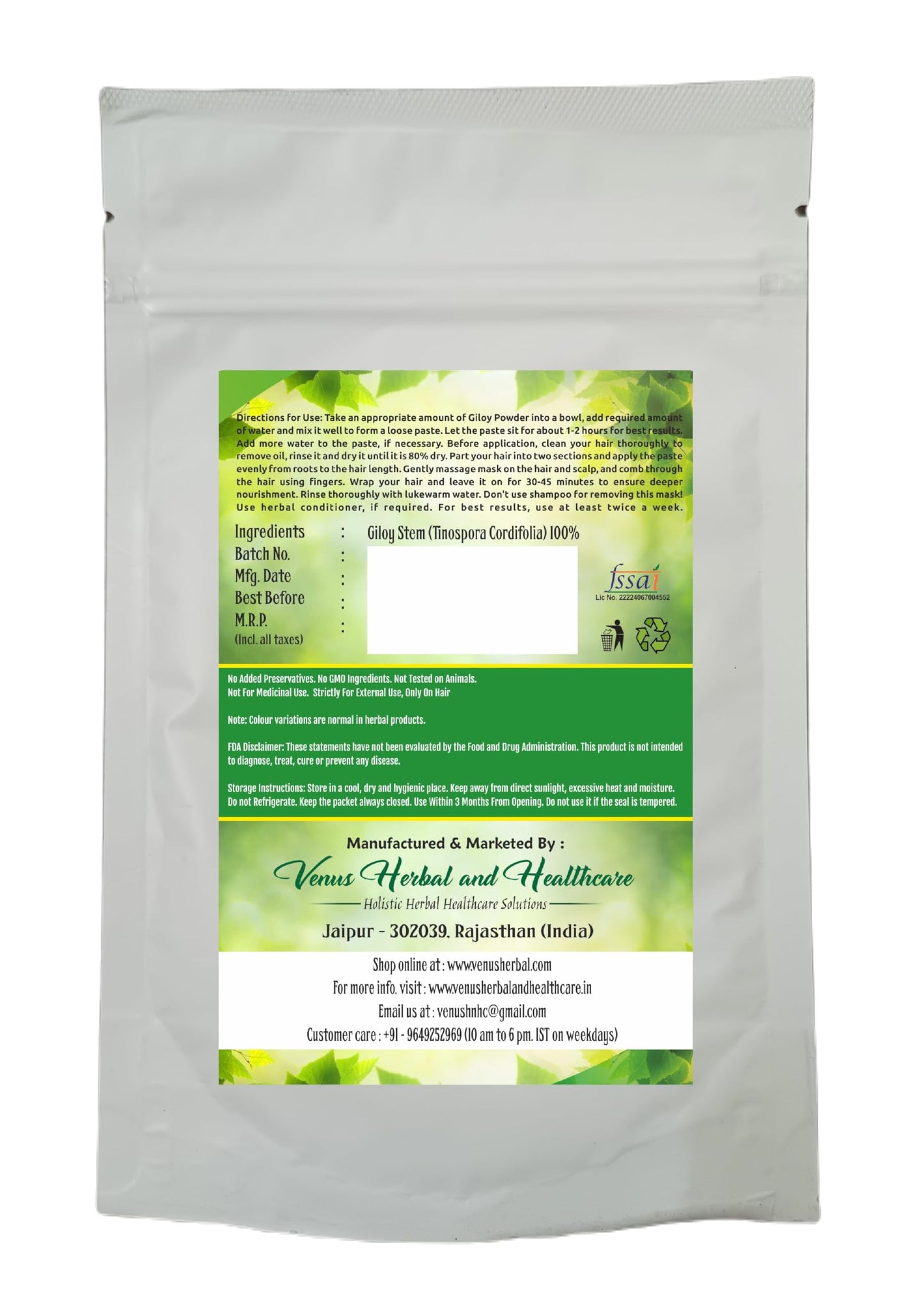 VENUS Unisex Giloy Powder For Hair Care | Natural - 100% Ground Tinospora Cordifolia Stems (100 Grams)