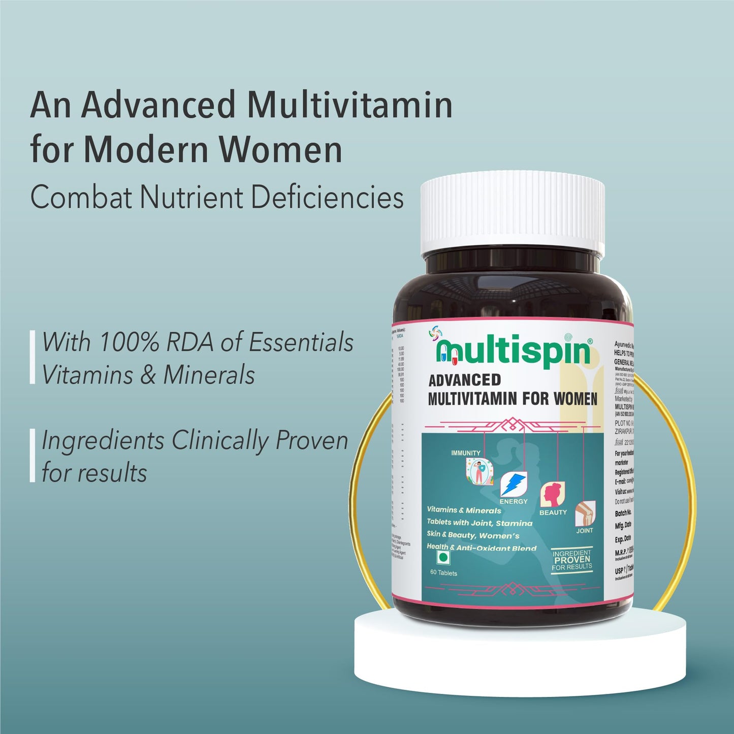 Multispin Advanced Multivitamin for Women (60 Tablets) | With 40 Clinically Researched Ingredients | For Glowing Skin, Shining Hair, Growing Nails, Energy, Immunity and Joint, PCOD, PCOS