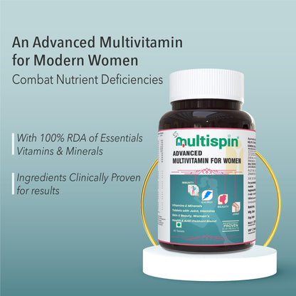 Multispin Advanced Multivitamin for Women (60 Tablets) | With 40 Clinically Researched Ingredients | For Glowing Skin, Shining Hair, Growing Nails, Energy, Immunity and Joint, PCOD, PCOS