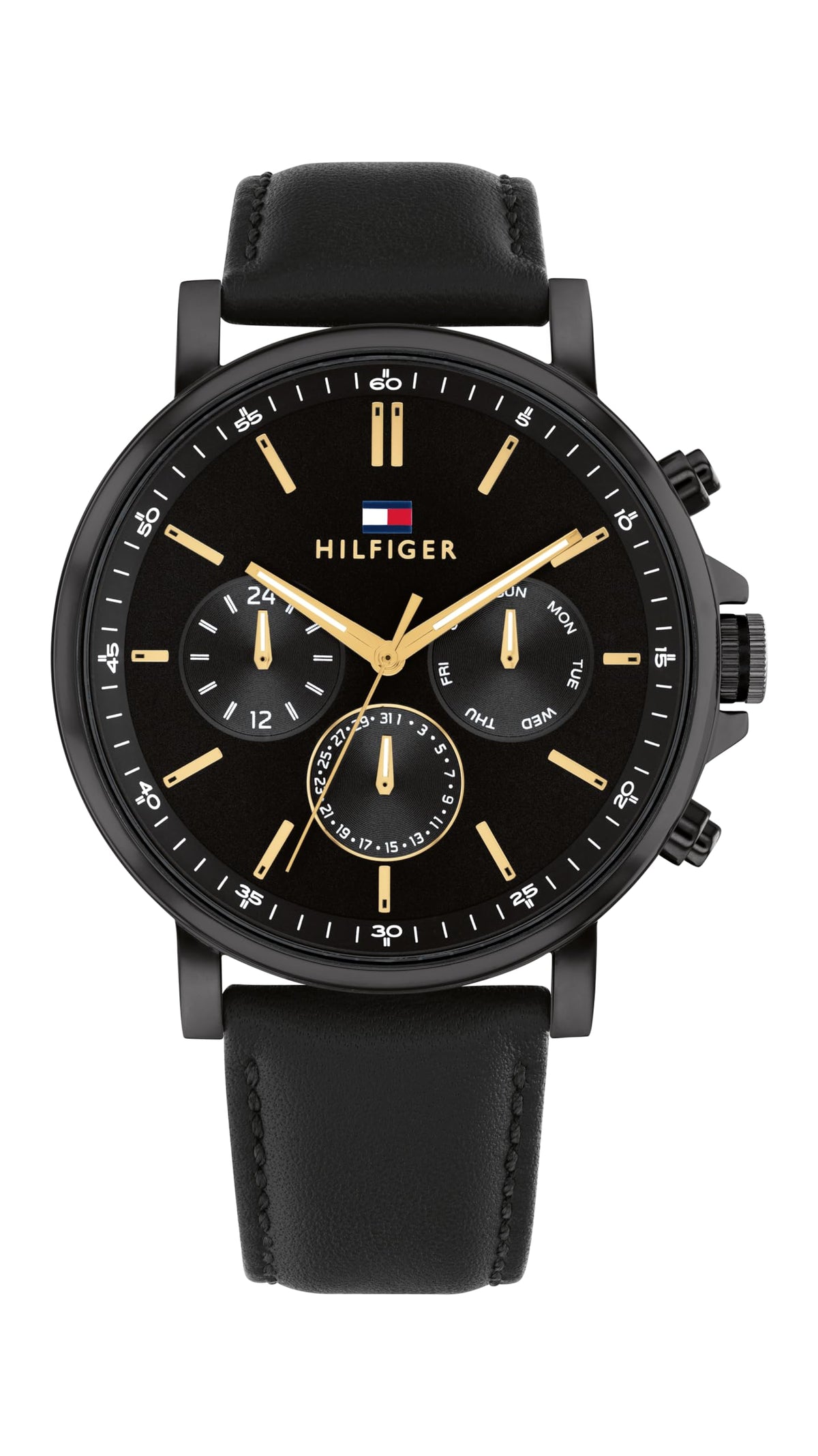 Tommy Hilfiger Men's Multifuction Stainless Steel & Black Leather Strap Analog Watch