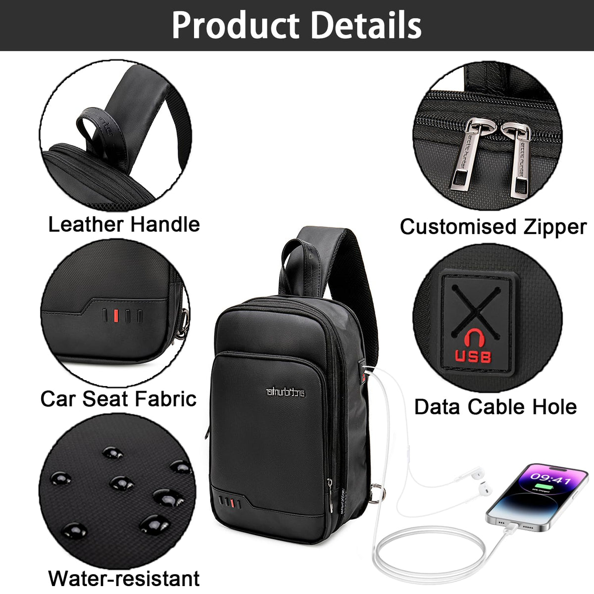 Arctic Hunter Expandable Sling Bag for Men Crossbody Slim 8L Sling Backpack Multi-pocket for Travel Chest Bag with 10.9" iPad Pocket Water-resistant One Side Shoulder Passport Bag for Office,Black