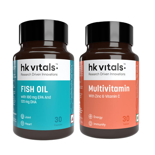 hk vitals Fish Oil and Multivitamin (30 Tablets Each) Combo Pack | 1000mg Omega 3 with 180mg EPA & 120mg DHA | Enhances Energy, Immunity & Joints Health