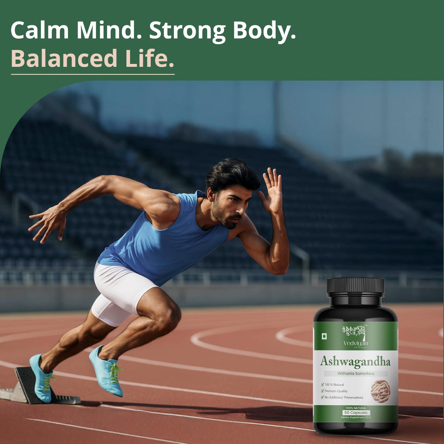 VedViyan Naturals Ashwagandha Capsules 500 mg 60 capsules-Natural stress relief and energy booster-supports immunity,brain health-care 100% vegetarian, premiun quality