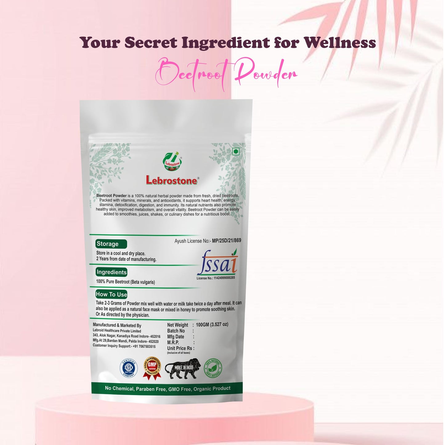 Lebrostone Beet Roots Powder | Natural Iron & Energy Supplement | Supports Blood Purity, Glow & Staminar | 100g
