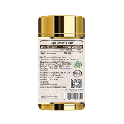 Vitaminnica Oyster Mushroom 500mg- 60 Vegan Capsules | Nootropics for Cholesterol & Blood Sugar Support