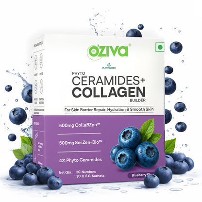 OZiva Phyto Ceramides+ Collagen Builder Supplements | Veg Collagen Powder for Women | Supplement for Skin Hydration, Moisture Retention & Barrier Repair | Blueberry, 30 Sachets
