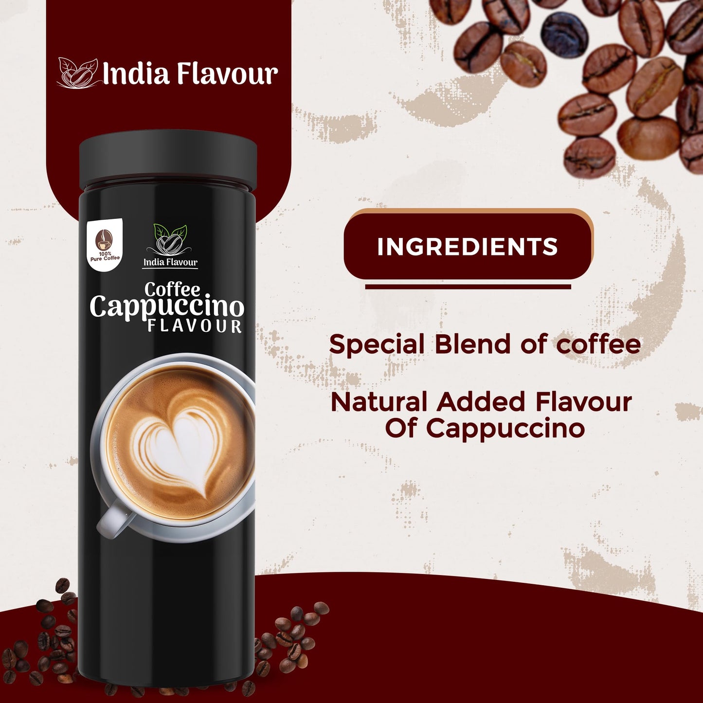 India Flavour Cappuccino Coffee|Creamy, Smooth Instant Coffee Powder Plastic Bottle|100 Gm Coffee, 50 Servings