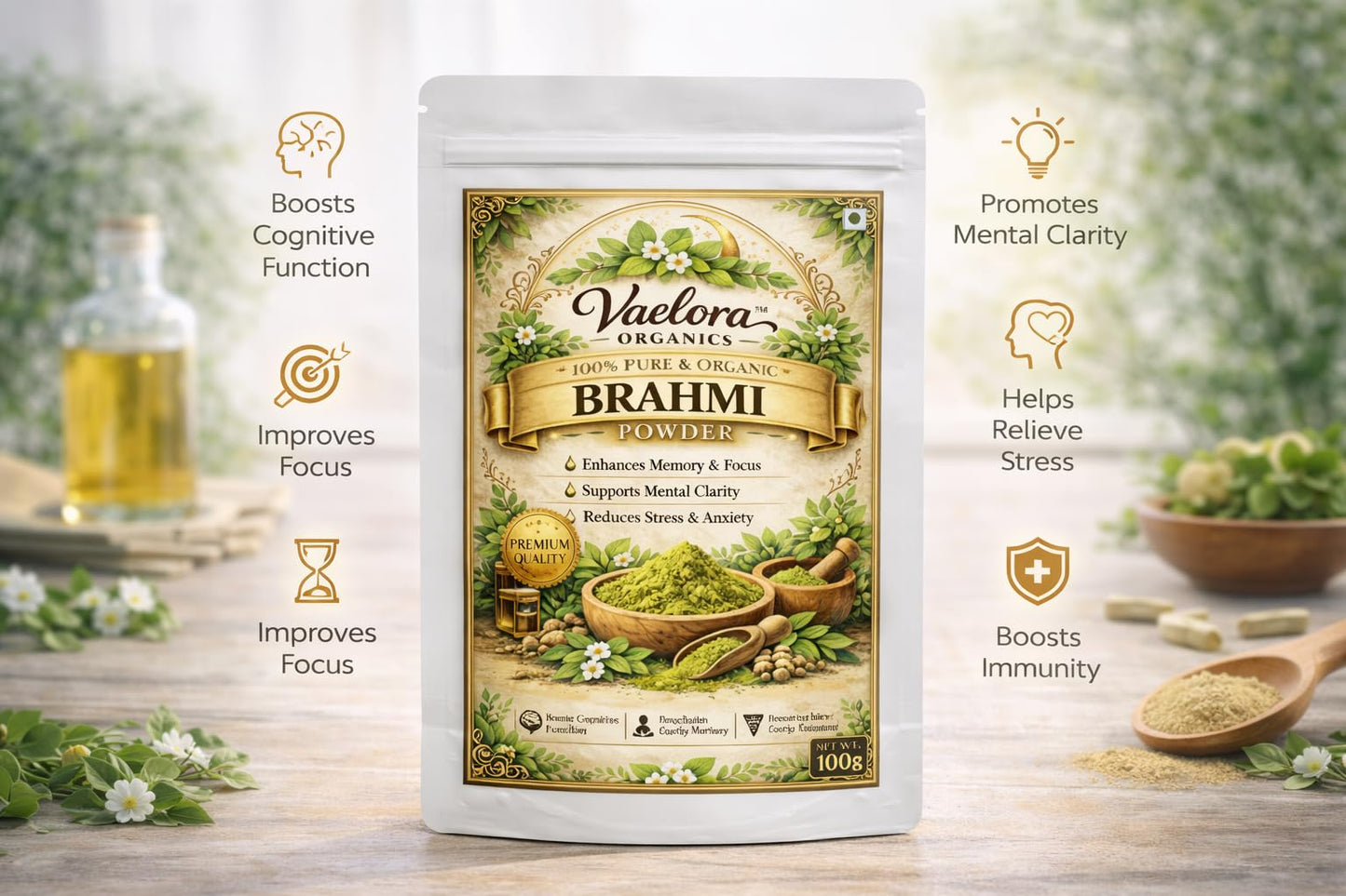 Vaelora Organics 100% Pure Brahmi Powder 100g | Natural Brain Booster for Memory, Focus & Mental Clarity | Ayurvedic Herbal Powder for Stress Relief & Hair Growth | Chemical-Free & Organic
