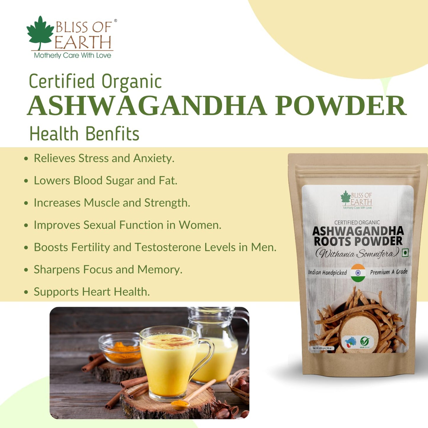Bliss of Earth Ashwagandha Powder, Organic Stress Relief Supplement, 45- image 5