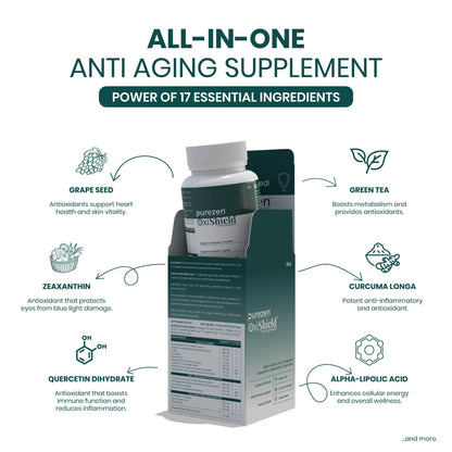 Purezen OxiShield | Powerful Multi-Antioxidant Supplement with Astaxanthin, Zeaxanthin, Lycopene, Turmeric & Alpha Lipoic Acid for Cellular Health & Healthy Aging | 60 Capsules