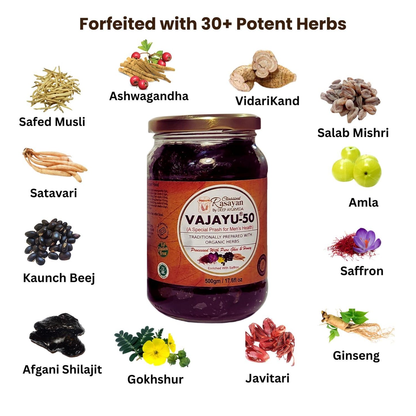 Deep Ayurveda Vajayu® 50 Prash | Ayurvedic Superfood with 30+ Herbs for Men’s Wellness | Boosts Testostrone Level, Energy, Strength, Stamina & Vitality | 500g Pack