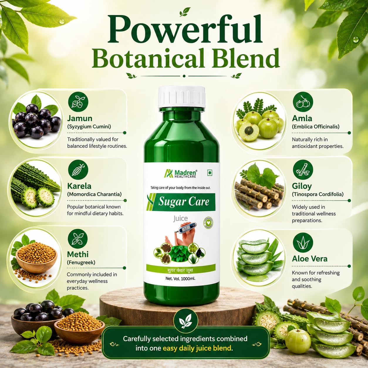 Madren Healthcare Ayurvedic Sugar Care Juice | 1 Litre | Jamun, Karela, Amla, Giloy & Aloe Vera Blend | No Added Sugar | Supports Healthy Blood Sugar Metabolism & Overall Wellness | Natural Herbal Juice