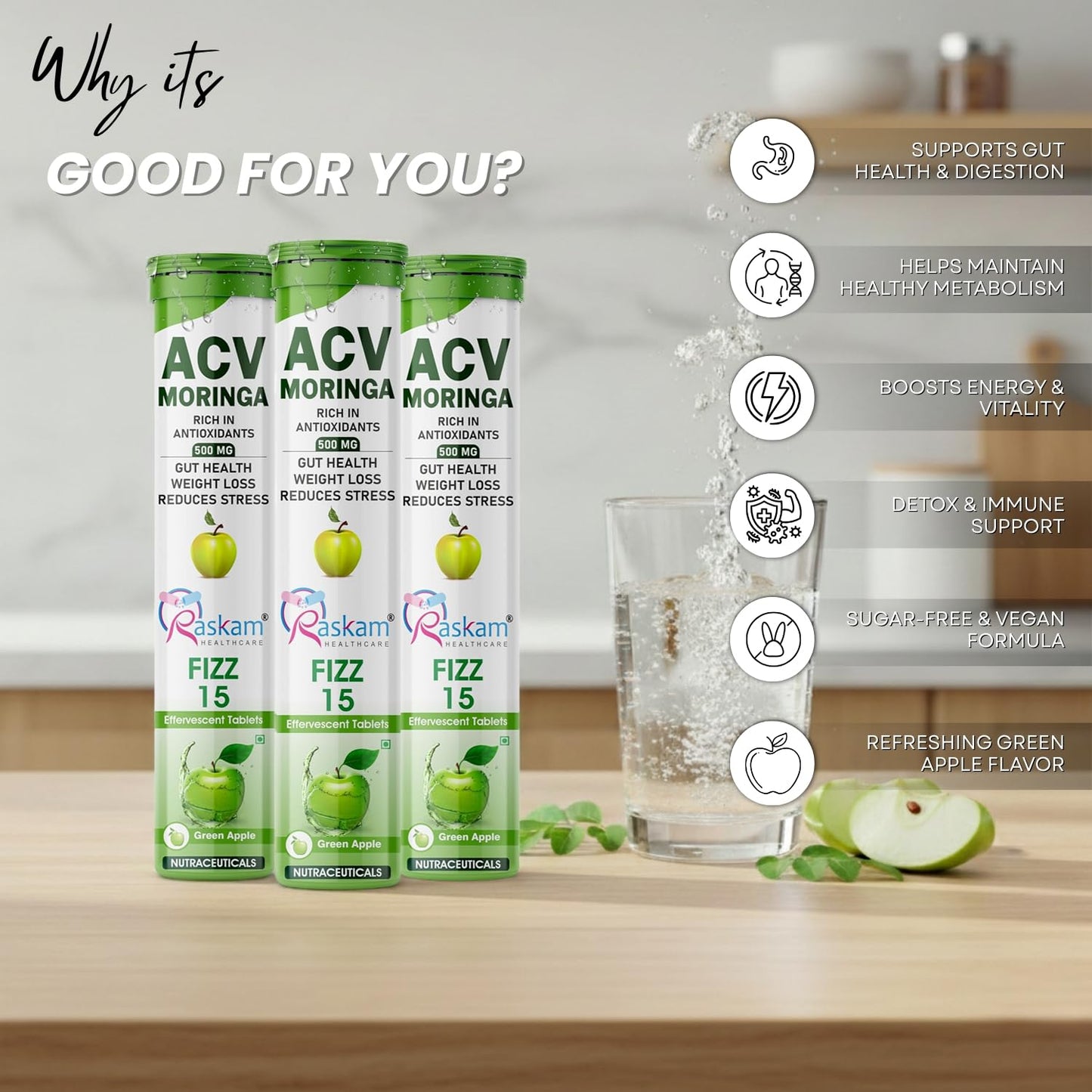 Raskam HEALTHCARE ACV Moringa 15 Effervescent Tablets 500 Mg Apple Cider Vinegar With No Added Sugar For Gut Health | Weight Loss | (Pack of 3, Green Apple)