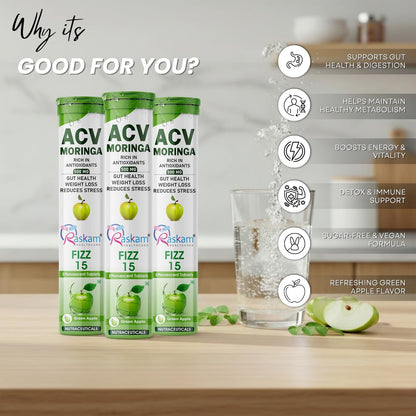 Raskam HEALTHCARE ACV Moringa 15 Effervescent Tablets 500 Mg Apple Cider Vinegar With No Added Sugar For Gut Health | Weight Loss | (Pack of 3, Green Apple)