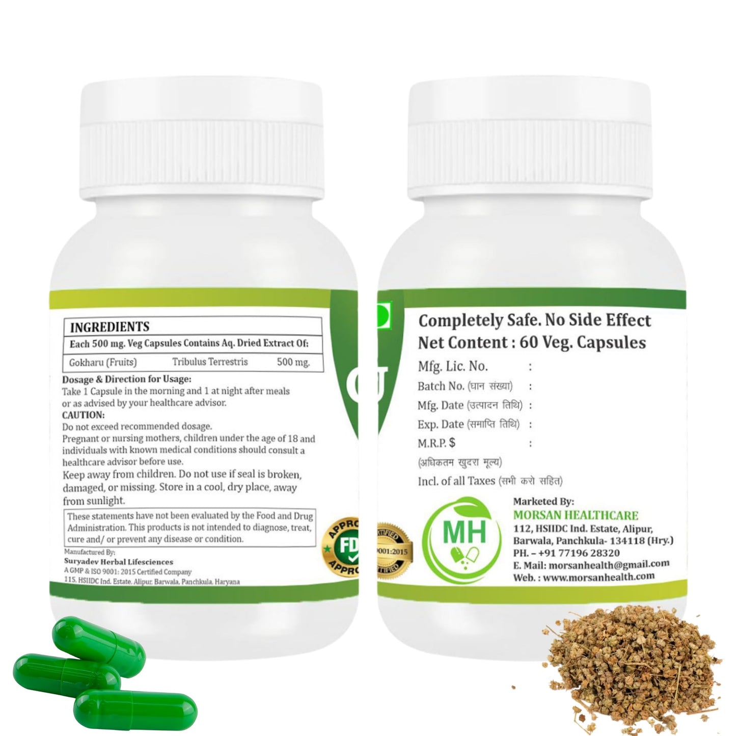 MORSAN HEALTHCARE | Gokharu Capsules 500mg – 60 Count | 1 Pack | Vegetarian | Plant-Based | Herbal Supplement | No Artificial Additives | Gluten Free | Organic