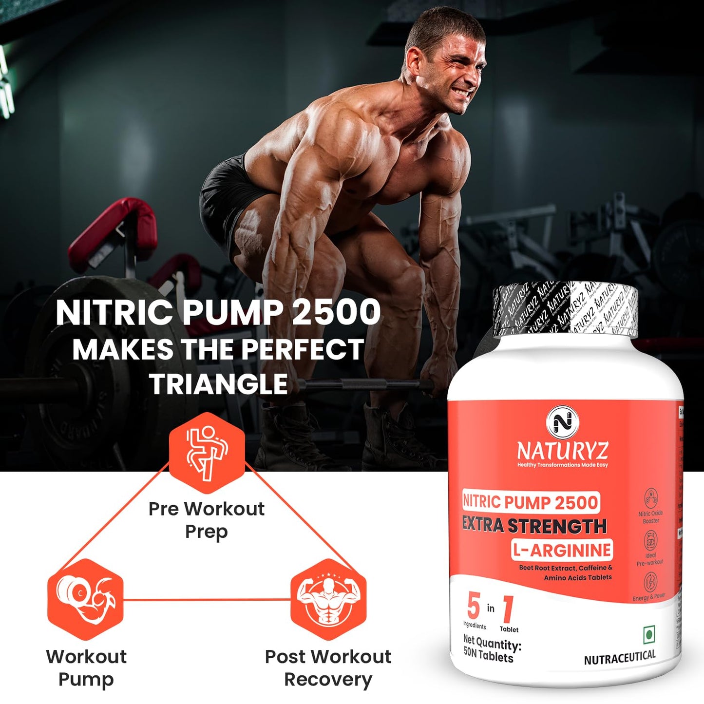 NATURYZ Nitric Pump 2500 Mg Extra Strength L-Arginine | L Citrulline | Caffeine | Boosts Stamina | Energy | Increases Blood Flow | Improves Performance | Ideal Pre-workout Supplement - 50 Tablets