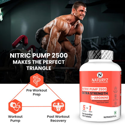 NATURYZ Nitric Pump 2500 Mg Extra Strength L-Arginine | L Citrulline | Caffeine | Boosts Stamina | Energy | Increases Blood Flow | Improves Performance | Ideal Pre-workout Supplement - 50 Tablets
