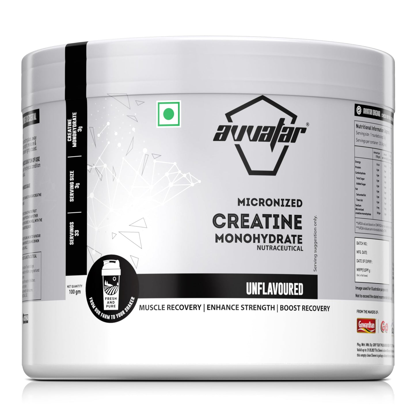 avvatar MICRONIZED CREATINE MONOHYDRATE Powder (100G, 33 Servings) | Unflavoured
