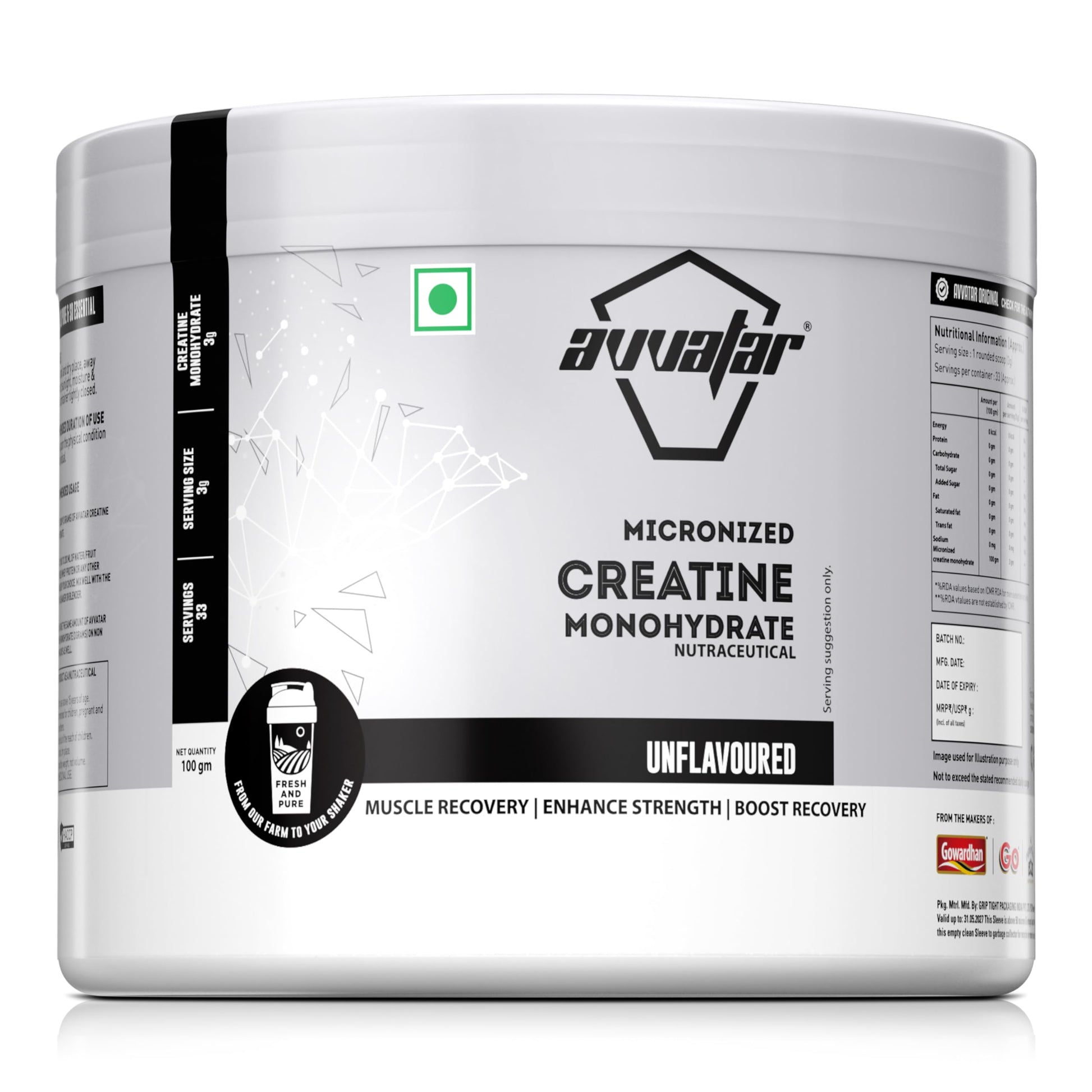 avvatar MICRONIZED CREATINE MONOHYDRATE Powder (100G, 33 Servings) | Unflavoured