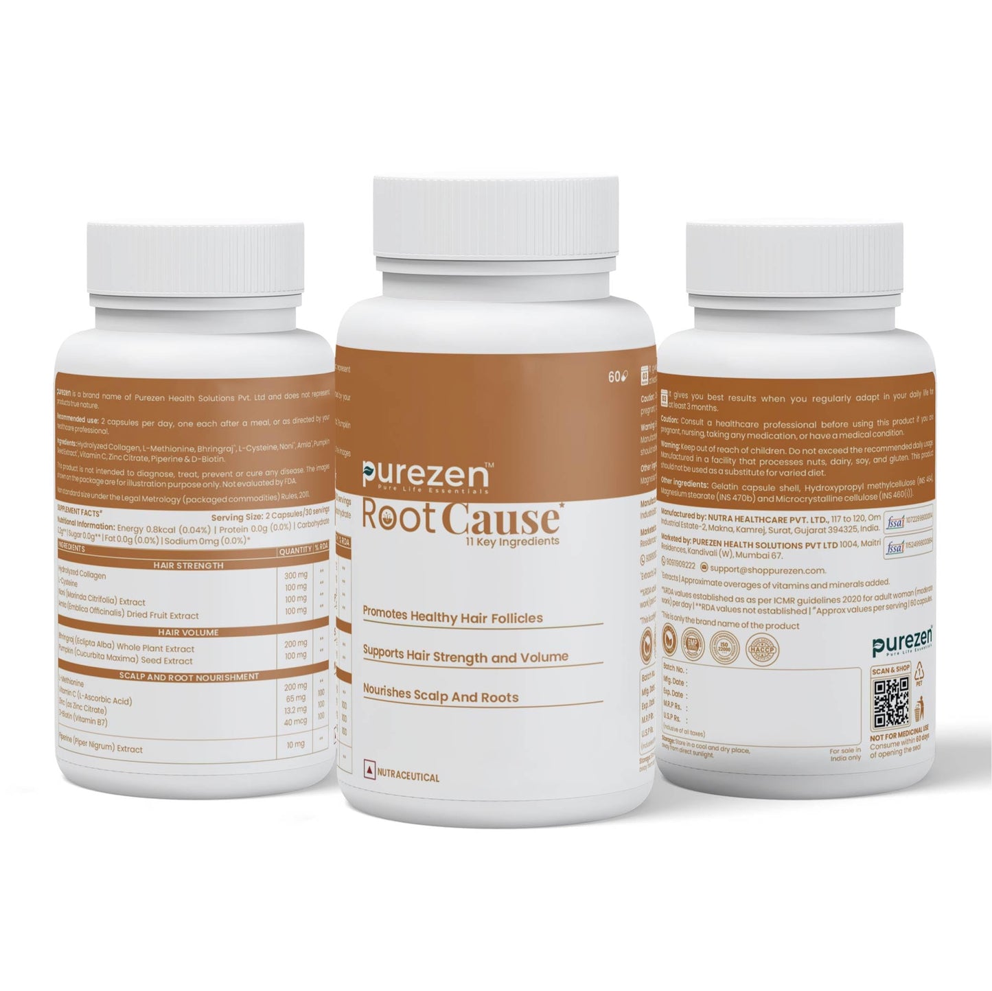 Purezen RootCause | Hair Health Supplement with Marine Collagen, Pumpkin Seed, Amla, Bhringraj, Noni, Biotin, L-Cysteine & Zinc for Hair Strength & Scalp Support | 60 Capsules