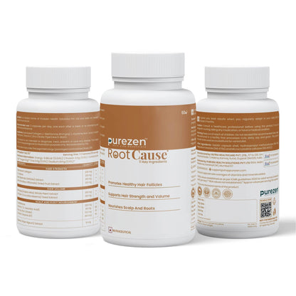 Purezen RootCause | Hair Health Supplement with Marine Collagen, Pumpkin Seed, Amla, Bhringraj, Noni, Biotin, L-Cysteine & Zinc for Hair Strength & Scalp Support | 60 Capsules