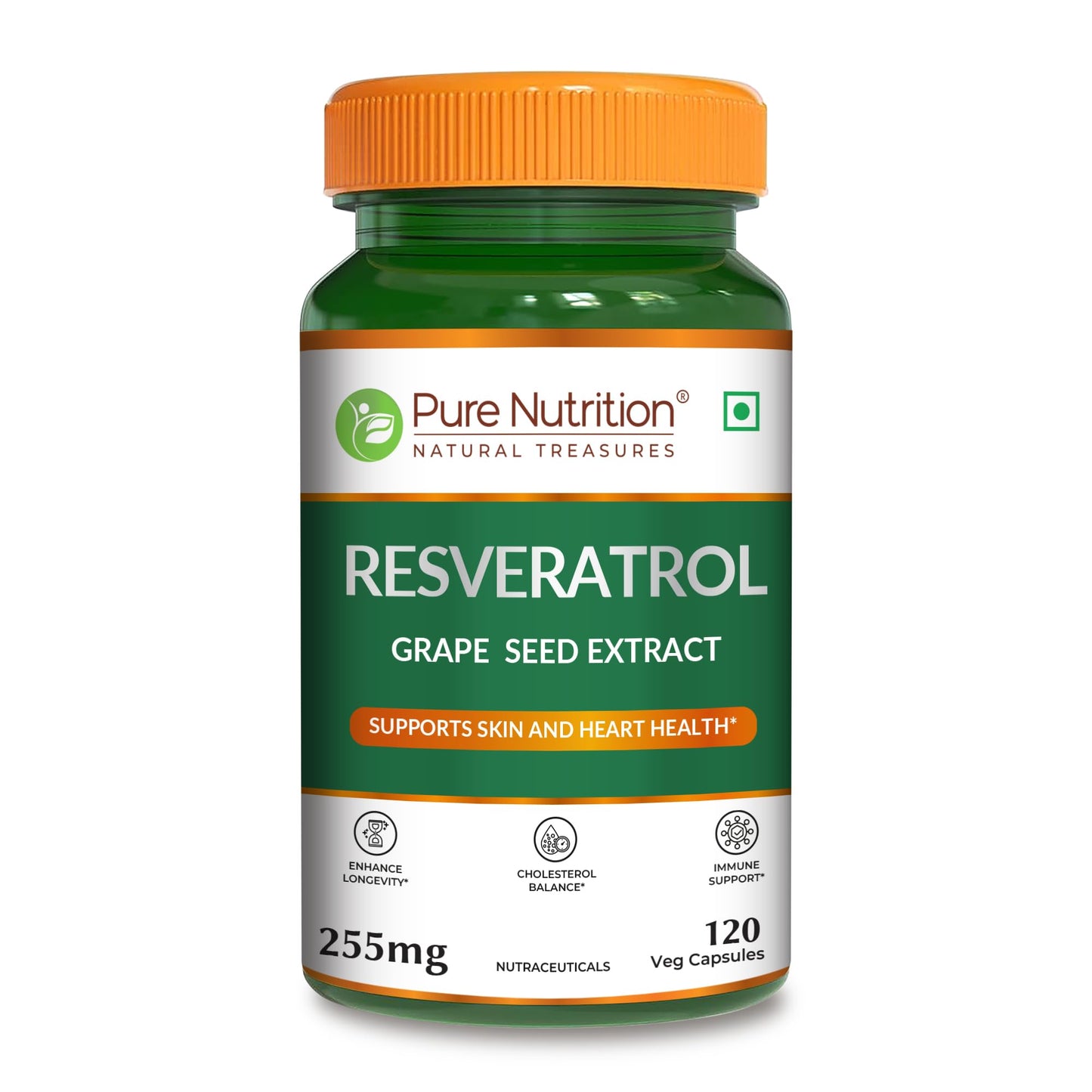 Pure Nutrition Resveratrol 255mg - 120 Veg Capsules | Powerful Antioxidant for Anti-Aging, Heart Health & Immunity | With Grape Seed Extract for Skin Radiance, Cellular Health & Healthy Aging | Supports Joint & Brain Function