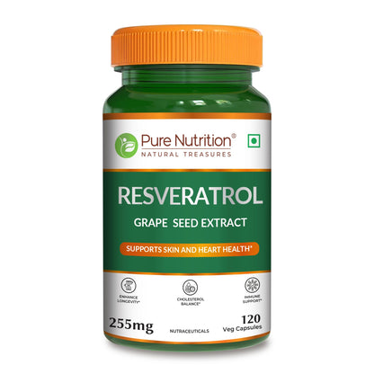 Pure Nutrition Resveratrol 255mg - 120 Veg Capsules | Powerful Antioxidant for Anti-Aging, Heart Health & Immunity | With Grape Seed Extract for Skin Radiance, Cellular Health & Healthy Aging | Supports Joint & Brain Function