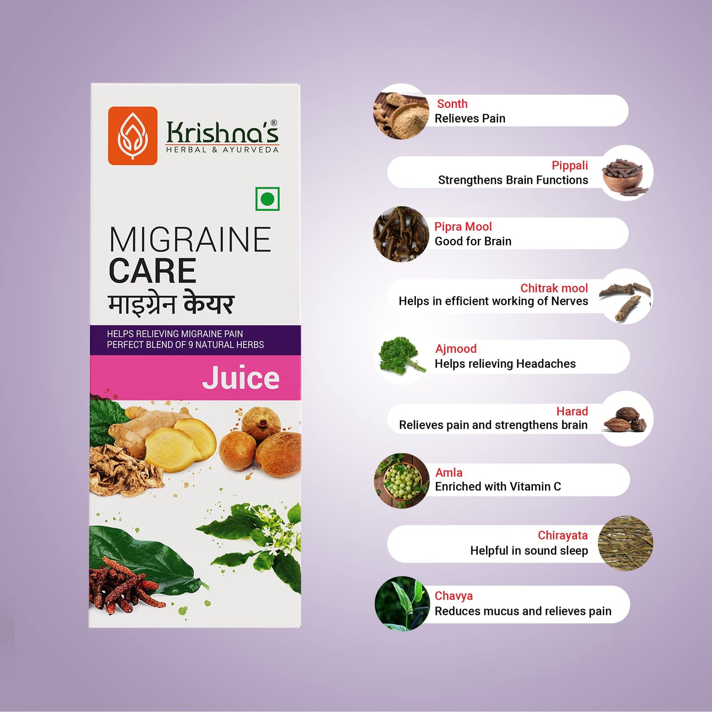 Krishna's Migraine Care Juice - 500 ml | (Pack of 2) | Natural Migraine Reliever | Perfect Blend of Sonth, Pippali, Ajmod & 6 other herbs