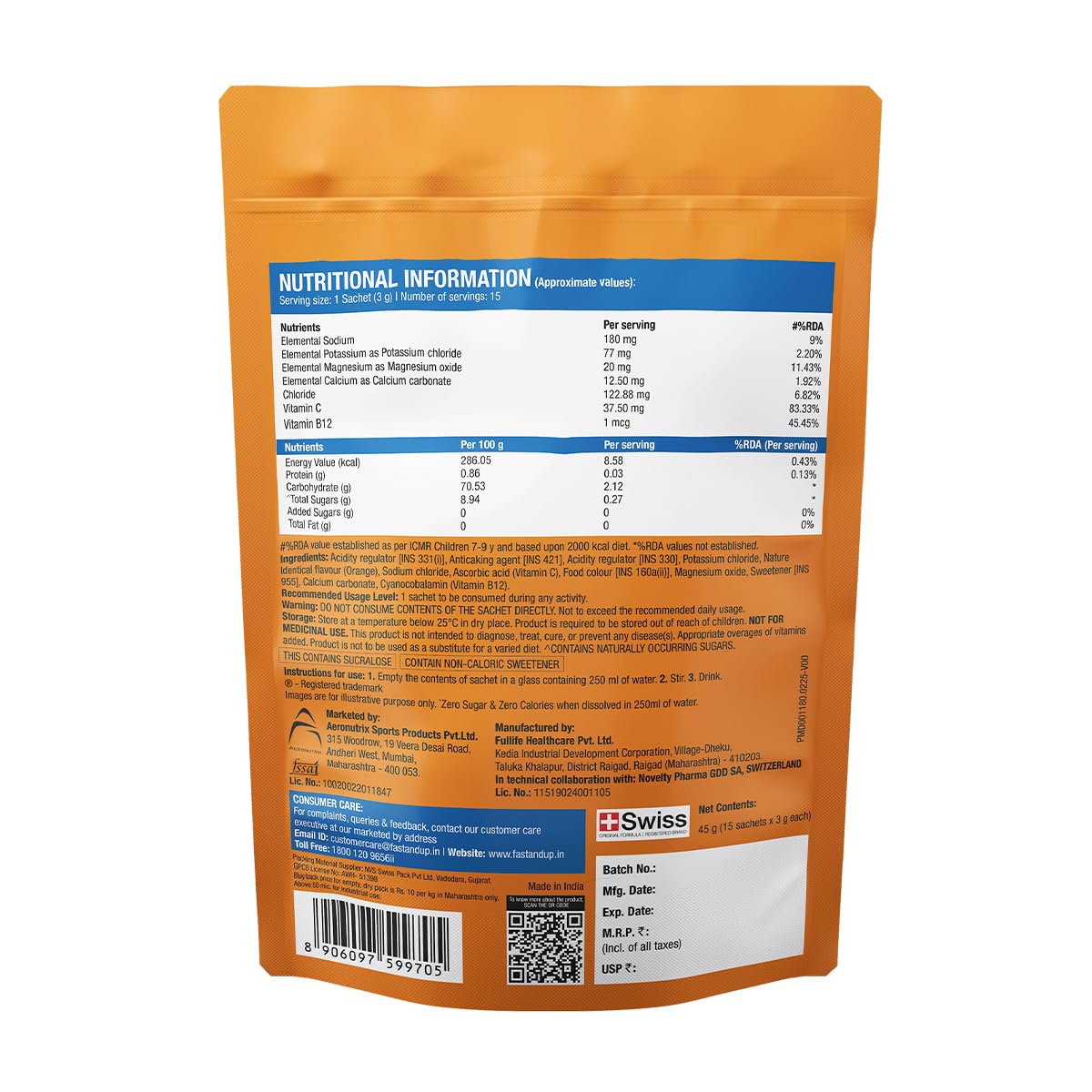 Fast&Up Reload Electrolytes Powder Sachets | Zero Added Sugar Hydration Drink with 5 Essential Electrolytes Vitamin C & B12 | Summer Heat, Workout Recovery, Travel & Wellness | Orange Rush, Pack of 15 Sachets