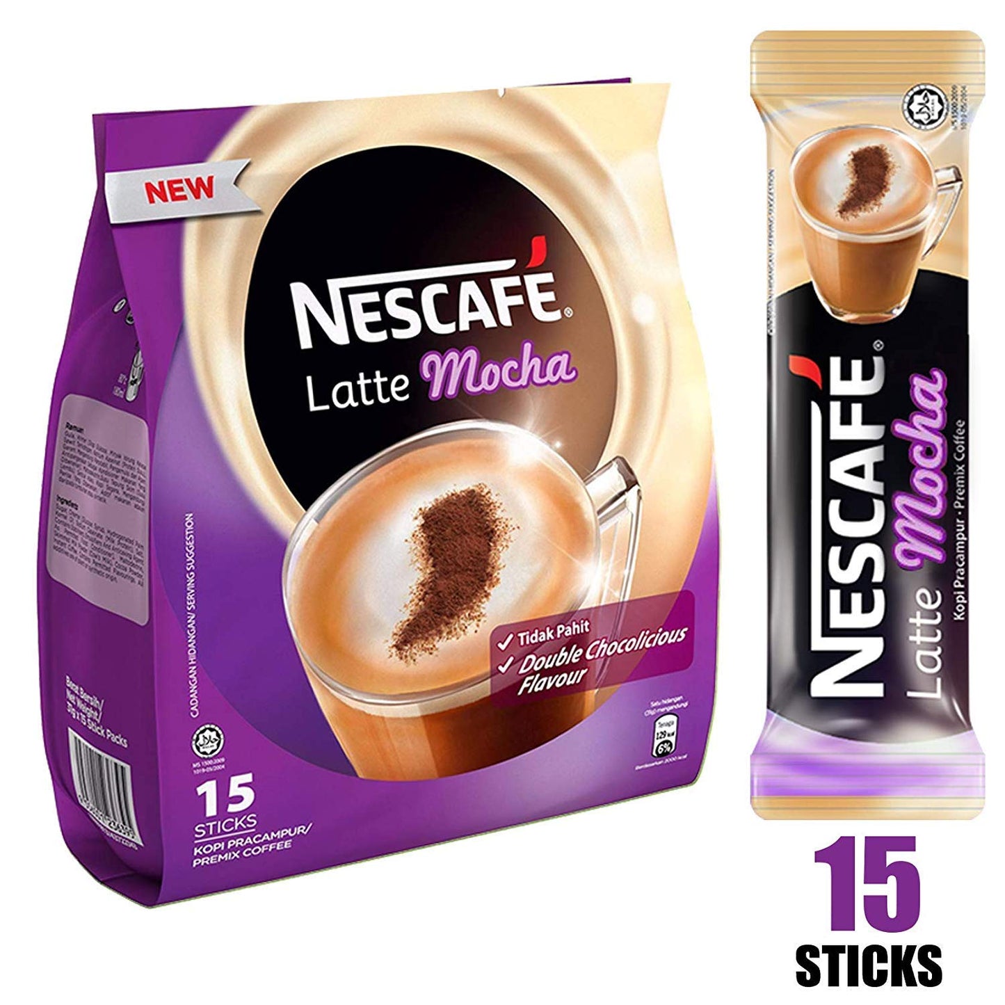 Nestle Nescafe 3 in 1 Mocha Coffee Latte - Instant Coffee Packets - Single Serve Flavored Coffee Mix (15 Sticks)