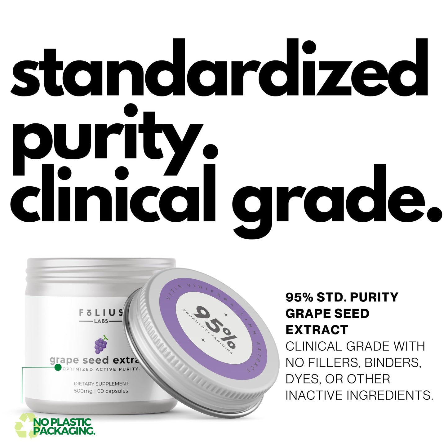 FOLIUS LABS Grape Seed Extract 500mg - 95% OPCs Polyphenols - High Strength Grape Seed Supplement - Support cardiovascular health – 60 Capsules